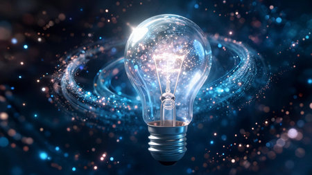A luminous light bulb is surrounded by a swirling galaxy of stars and cosmic elements.の素材
