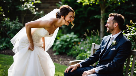 Bride laughing at groom on benchの素材