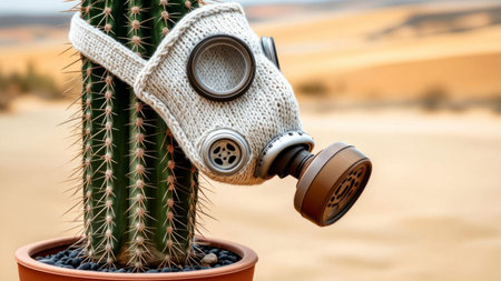 Cactus Wearing Wool Knitted Gas Mask in Desertの素材