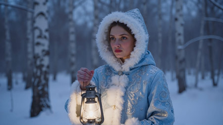 Winter Queen in Frosty Blue Coat Holding Lanternの素材