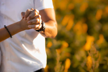 man and woman close up  holding hands against yellow and green sunflower fieldの写真素材