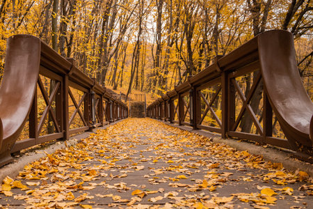 Autumn horizontal background. Yellow leaves, large wooden bridge. No people, autumn season...
