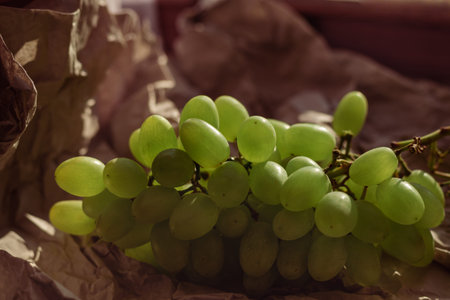 Selective focus green grapevine bunch on recycled paper. Ripe raw green fruits closeup. Dessert...