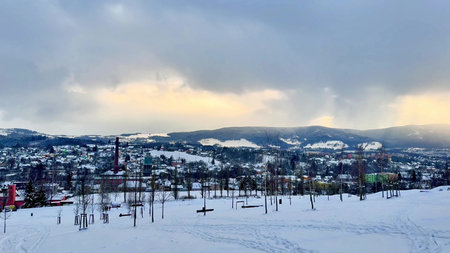 A beautifully scenic winter view showcasing a picturesque snowcovered town that is nestled in the...