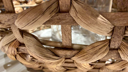 Explore the captivating details of a handcrafted woven basket, showing its natural beauty and unique...