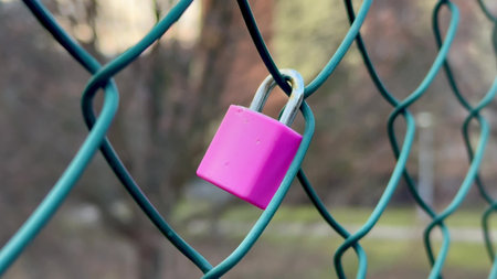 A stunning closeup shot of a vibrant bright pink padlock is hanging on a green chainlink outdoor...