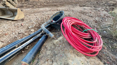 An array of various construction tools expertly laid out on rocky terrain, showcasing essential...