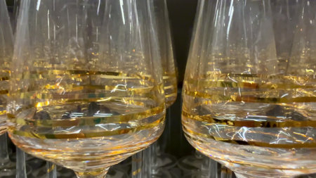 The elegantly crafted glassware with luxurious gold accents is perfect for upscale events and gatheringsの写真素材