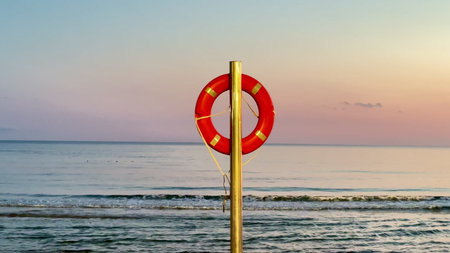 A breathtaking and picturesque sunset unfolds at the serene beach, showcasing a vibrant lifebuoy on...