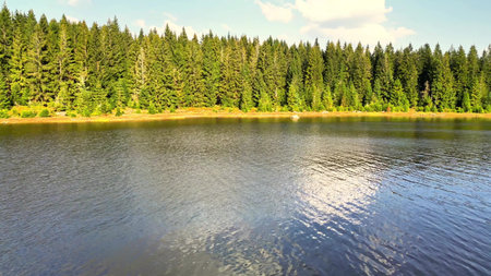 A stunningly tranquil view of a beautiful lake bordered by lush green pine trees under a perfectly...