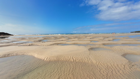 A stunning sandy beach with beautiful tidal patterns, ideal for nature lovers and vacation getaways