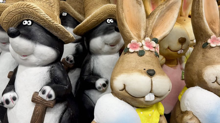 Brightly colored garden statues depicting adorable bunnies and various animals, ideal for delightful...