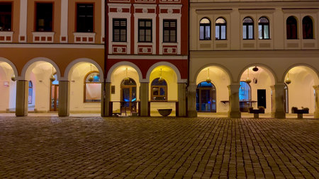 A breathtakingly picturesque night view showcases charming historic buildings adorned with beautiful...