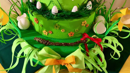 A colorful cake adorned with decorative eggs, flowers, and green grass for joyful spring...
