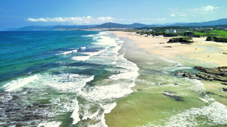 This captivating aerial shot beautifully showcases the stunning beach and gentle ocean waves beneath a clear blue skyの写真素材