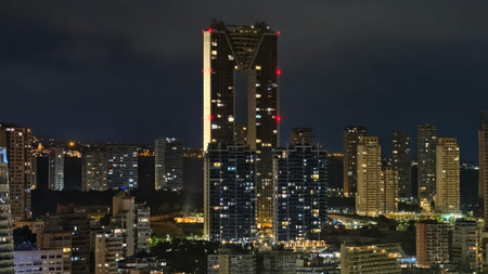 Aerial view of skyscrapers at night in Rio de Janeiro, Brazil