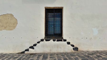 An artistic wall representation featuring a crafted window, rustic steps, and unique architectural elementsの写真素材
