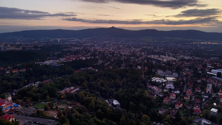 A beautiful and picturesque aerial capture showcasing a vibrant urban environment during the...