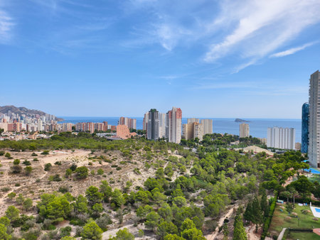 Experience an incredibly stunning panorama of modern city buildings alongside lush greenery and the endless seaの写真素材