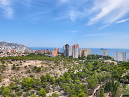 A stunning coastal city beautifully merged with lush, vibrant greenery beneath a bright, blue sky filled with sunshineの写真素材