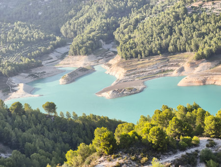Here is a captivating aerial view showcasing a peaceful water reservoir surrounded by a lush, vibrant forest landscapeの写真素材