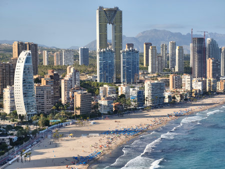 An absolutely stunning aerial view showcasing a vibrant, bustling coastal city that boasts beautiful beachesの写真素材