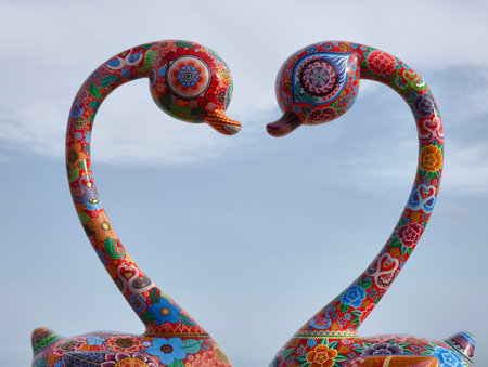 Vibrant and artistic swan sculptures wonderfully forming a heart shape, symbolizing deep love and artistry in natureの写真素材