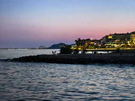 angler casting line at dusk, solitary fisherman silhouetted against pastel sky near citylightsの写真素材