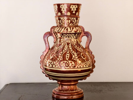 elegant ceramic vessel on stand, heritageinspired ornate vase with rich patterning and aged glazeの写真素材