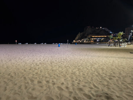 night beach scene, serene shoreline under city lights, quiet sandy coast with city glow behind rocksの写真素材