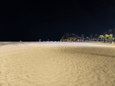 quiet seaside under starlit sky, beach under vast night sky with distant city glowの写真素材