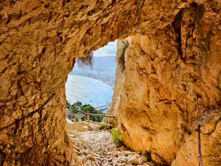 secret seaside viewpoint, concealed passageway opening onto tranquil seaside overlook with scenicの写真素材