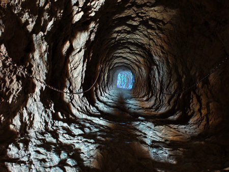 rocky cave entrance with small water pool and damp floor, erosion signs and quiet shorelineの写真素材