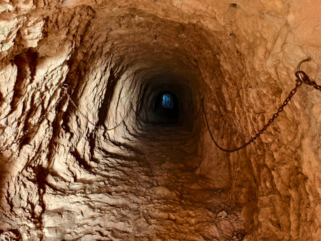 engineer inspects deep vertical shaft, engineer conducts inspection of dark vertical shaftの写真素材