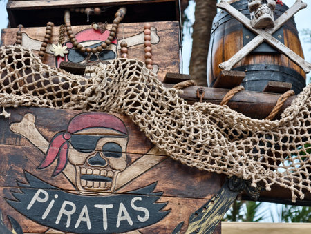 pirate display scene, pirate themed market display, weathered pirate market scene with decorationsの写真素材