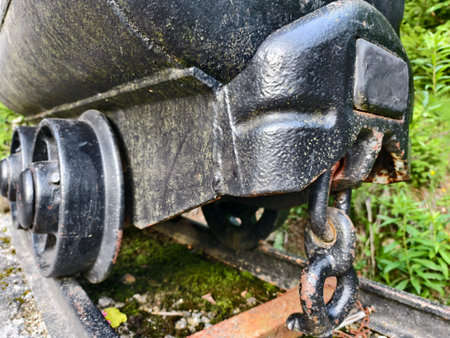 inspecting train undercarriage details, mechanical components of train bogie with rust and plant