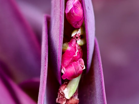 A captivating closeup image showcases vibrant pink flowers beautifully nestled among deep purple foliageの写真素材