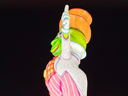 playful mascot gestures upward, vibrant mascot pointing skyward amid nostalgic amusement park