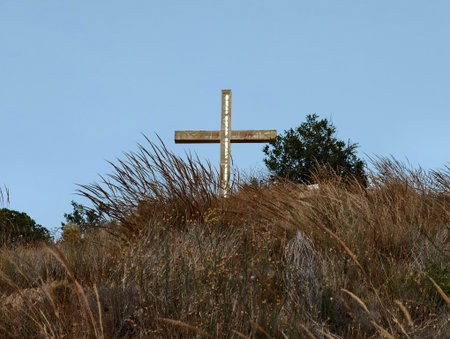 guiding cross on grassy hill, sunlit cross standing tall as waypoint amid swaying rye grass and openの写真素材