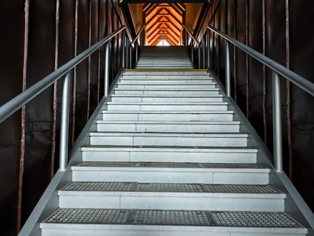industrial metallic staircase scenery, detailed overview of industrial metallic staircase setting