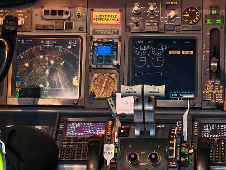 aircraft cockpit environment, complex cockpit scene with various illuminated controls and displays