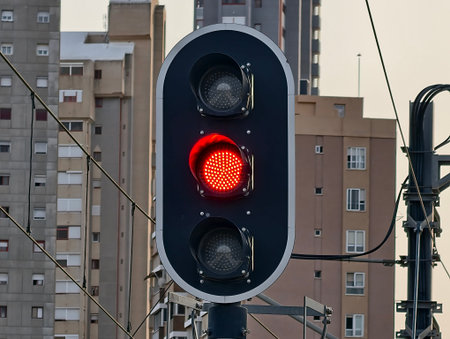 city light controlling traffic flow, closeup of red stoplight with city infrastructure behind it