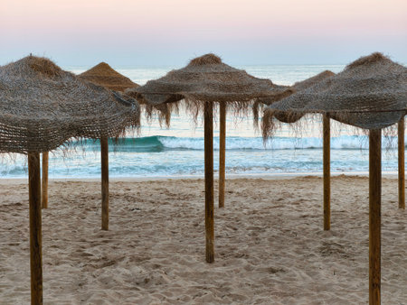 Quiet seaside at dusk with gentle waves, Serene sunset scene on shoreline with soft waves and peaceful vacation ambianceの写真素材