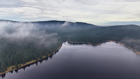 Serene morning landscape, Foggy lake scene with reflective serenity, Peaceful dawn aerial view of...