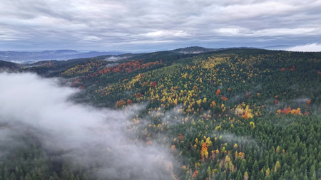 Hazy sky over colorful mountain scene, Fading sunlight illuminates rolling fog and multicolored...