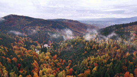 Scattered mist covers hillside rural community, Elevated perspective showing vibrant foliage and...
