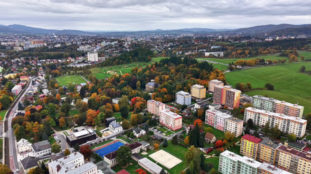 drone surveys suburban neighborhood areas, skybased footage of local suburban communities capturedの写真素材