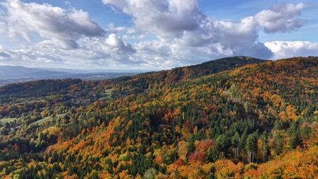 autumn mountain scenery, colorful fall landscape with peaks, vivid autumn landscape featuring ruggedの写真素材