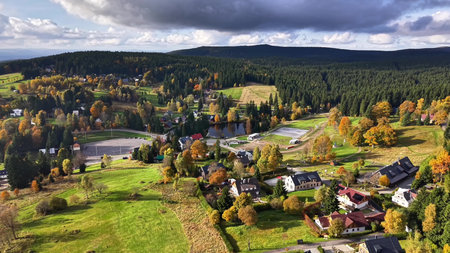 landscape of hills and farms, high altitude scene showcasing rural landscapes and waterwaysの写真素材