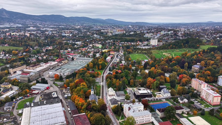 city drone analysis, urban aerial view examination, drone surveys city infrastructure and trafficの写真素材